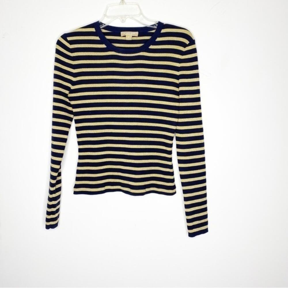 Michael Kors Collection Navy‎ & Gold Metallic Crew Neck Knit Sweater Size Medium